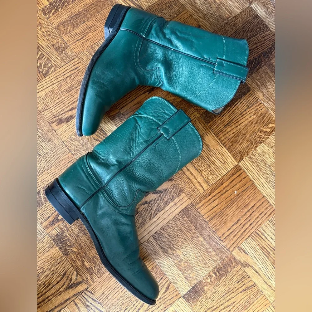 Justin Vintage Cowboy Original Green Roper Western Leather Boots - Made in USA - Picture 16 of 16